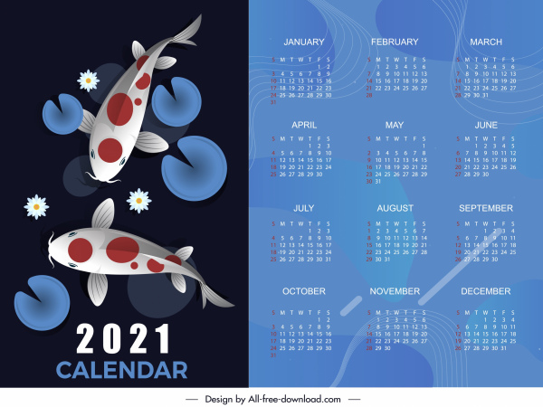 2021 plantilla de calendario koi decoración de pescado