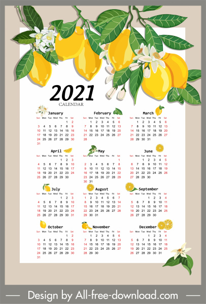 2021 lịch mẫu cây chanh phác họa đầy màu sắc trang trí