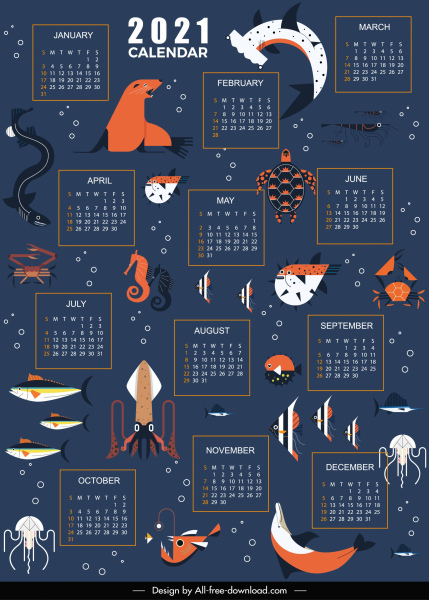2021 szablon kalendarza stworzeń morskich wystrój ciemny design