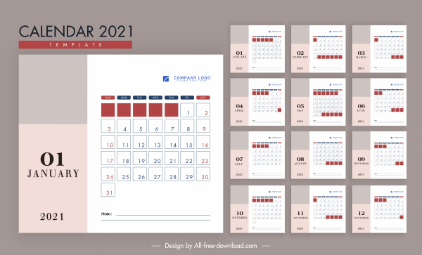 2021 日历模板模式明亮简单的平面装饰