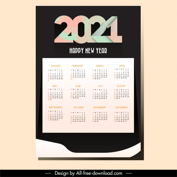 Szablon kalendarza 2021 nowoczesny kontrast zwykły wystrój