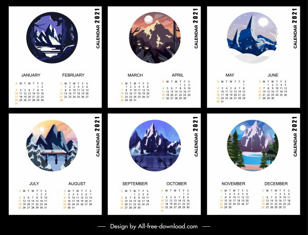 Templat kalender 2021 pemandangan Gunung tema