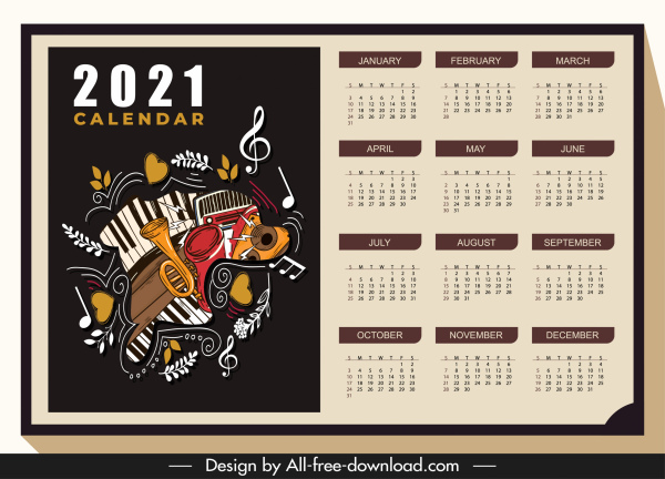 2021 kalender template musik instrumen sketsa klasik gelap