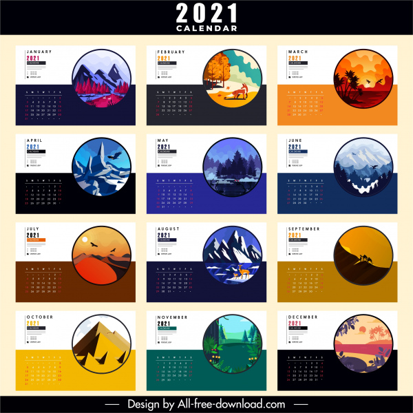 2021日历模板自然风景素描五颜六色经典