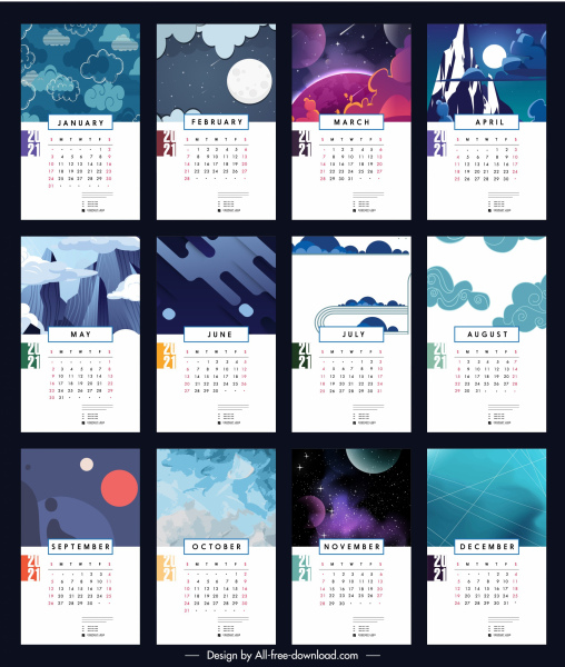 2021 Kalender Vorlage Himmel Szenen Ornament