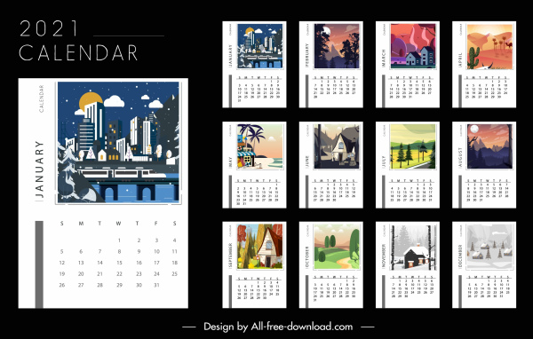 2021 日曆範本景觀裝飾色彩繽紛的設計