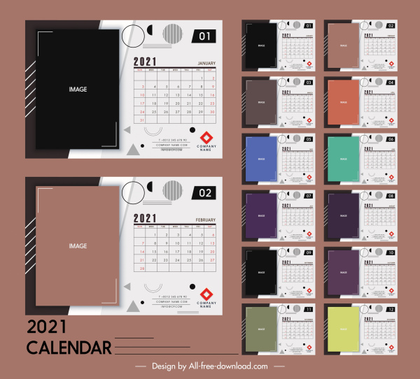 Modelos de calendário 2021 modernas de decoração geométrica plana