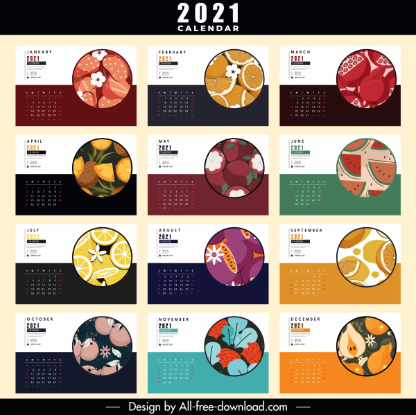2021 lịch mẫu trang trí hoa quả phẳng đầy màu sắc