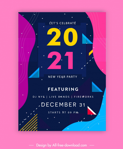 2021 년 새해 파티 포스터 다채로운 기하학적 장식