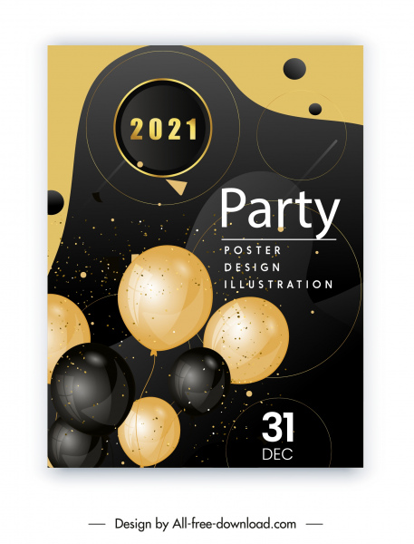 Cartel de fiesta 2021 elegantes globos dorados negros