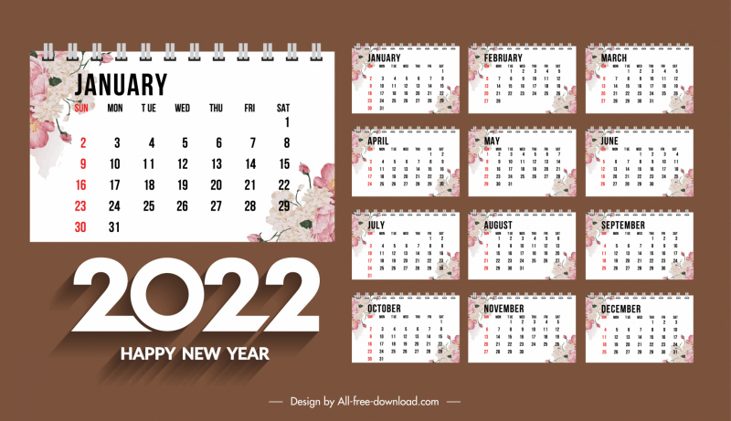 Plantilla de decoración de flores florecientes del calendario 2022