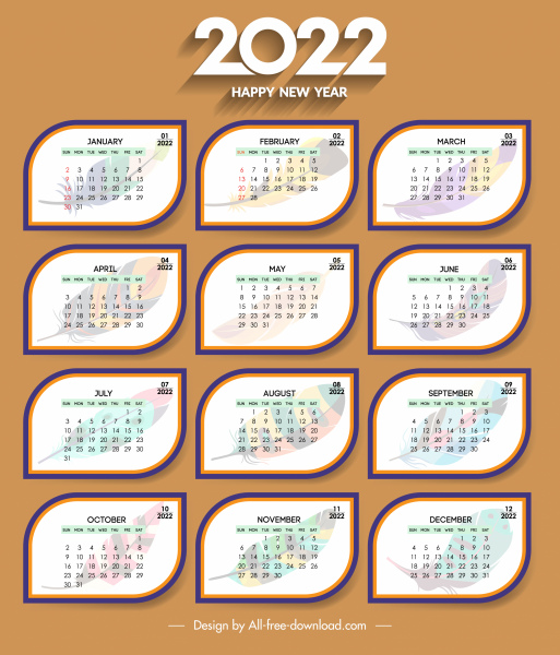 2022 Kalender Cover Vorlage abgerundete Formen elegante Federn