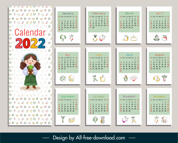 Modelo de calendário 2022 elementos de comida de decoração colorida brilhante