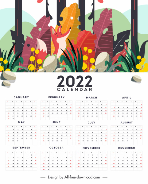 2022カレンダーテンプレート明るい装飾自然シーンスケッチ