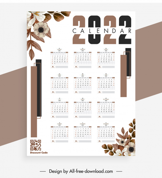 Template kalender 2022 dekorasi botani klasik elegan cerah