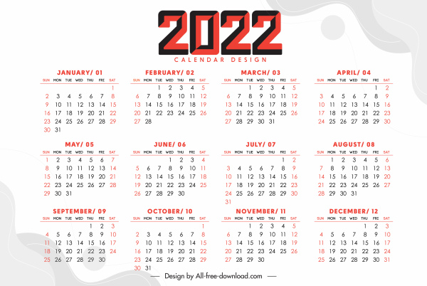 Modelo de calendário 2022 decoração plana brilhante