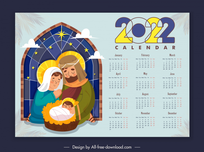 Templat kalender 2022 karakter kartun Katolik Kristus