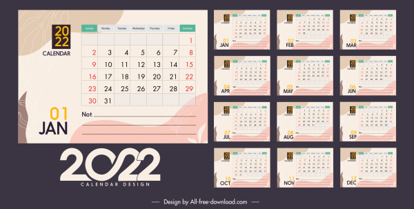 Plantilla de calendario 2022 decoración plana clásica
