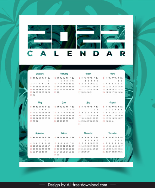 Template kalender 2022 dekorasi daun hijau klasik