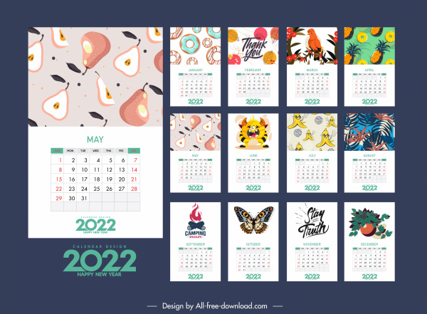 Template kalender 2022 warna-warni dekorasi elemen alam klasik