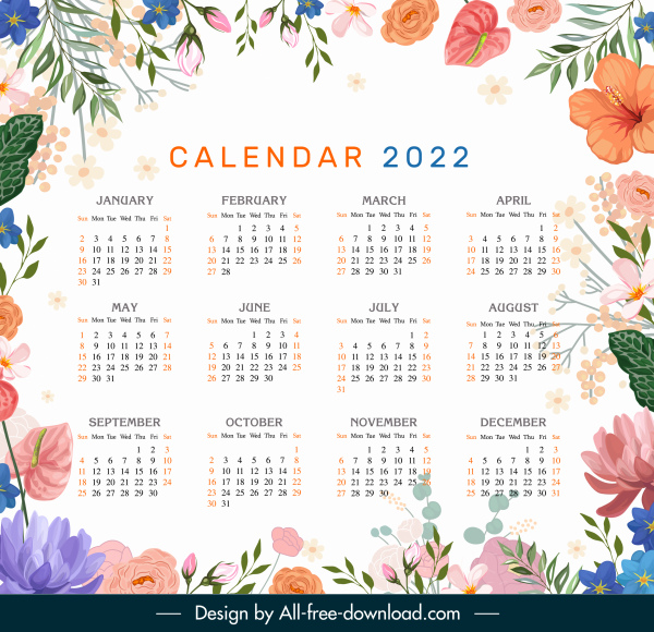Template kalender 2022 warna-warni dekorasi botani klasik elegan