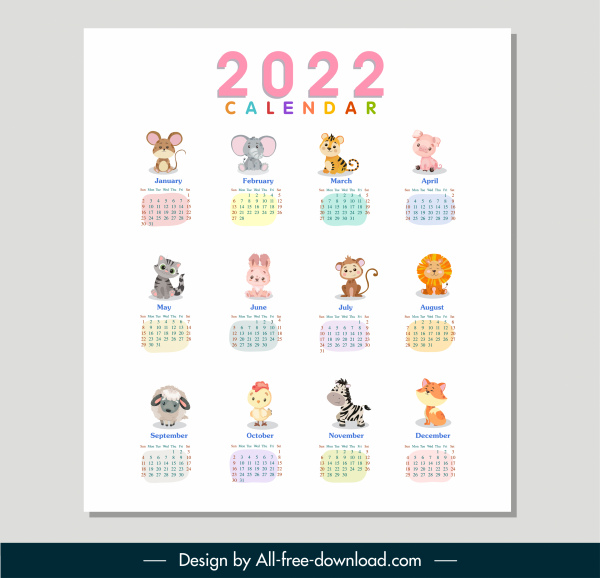 2022 modelo calendário desenho de animais bonitos