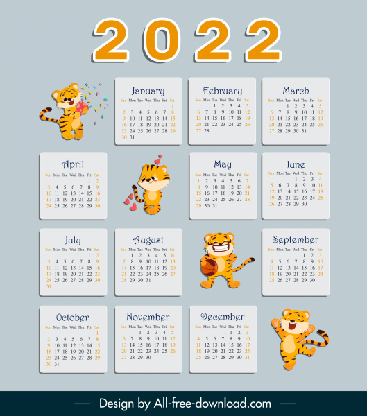 Calendário 2022 modelo fofo bebê tigers decoração