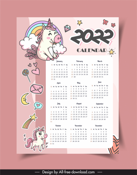 2022 plantilla calendario lindo boceto unicornio dibujado a mano
