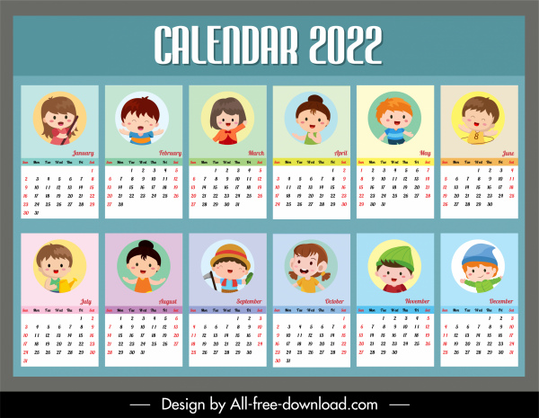 Free Calendar 2022 Template 2022 Calendar Template Cute Kids Icons Sketch-Vector Misc-Free Vector Free  Download
