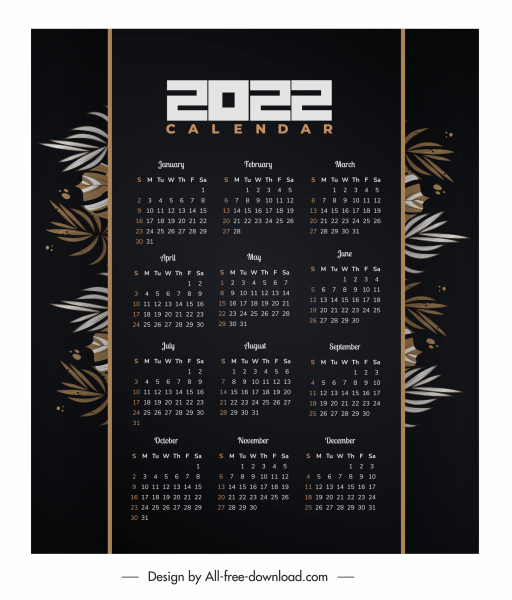 2022 Kalender Vorlage dunkle klassische Design Blätter Dekor