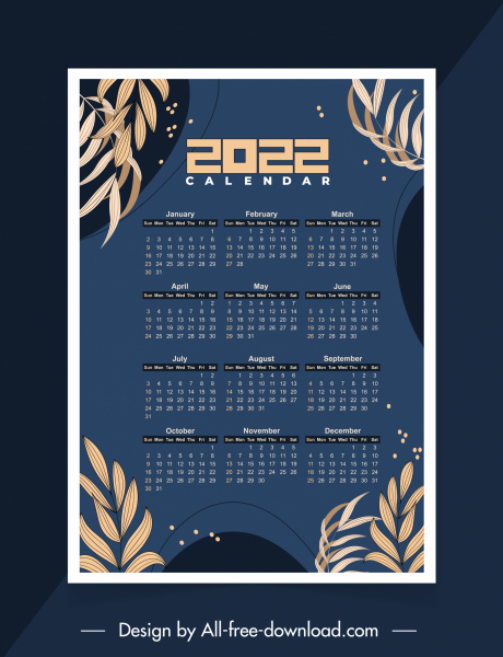 2022 Kalendervorlage dunkles Design klassisch Blätter Dekor