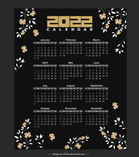 2022 modelo calendário design escuro decoração de flores elegantes