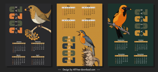 2022カレンダーテンプレート暗いデザイン自然な鳥のスケッチ