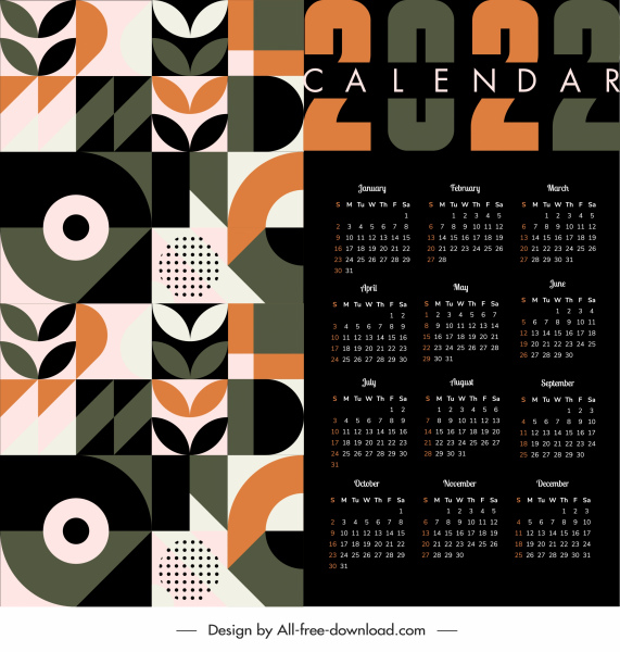 Template kalender 2022 dekorasi abstrak datar gelap