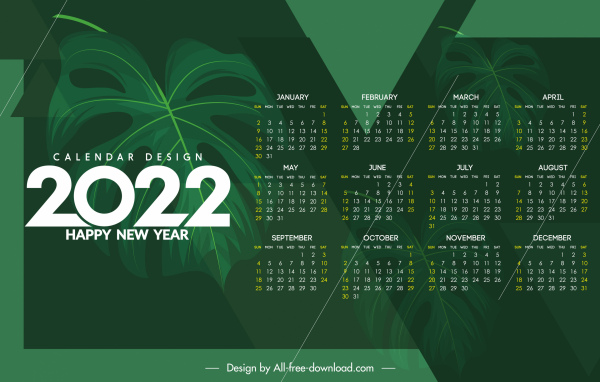 Plantilla de calendario 2022 decoración de hojas verdes oscuras