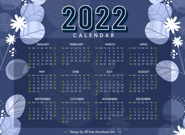 2022 modelo calendário decoração de elementos de natureza escura