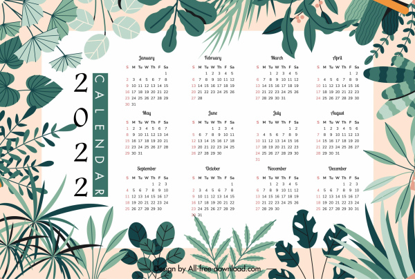 Plantilla de calendario 2022 elegante decoración de hojas naturales brillantes