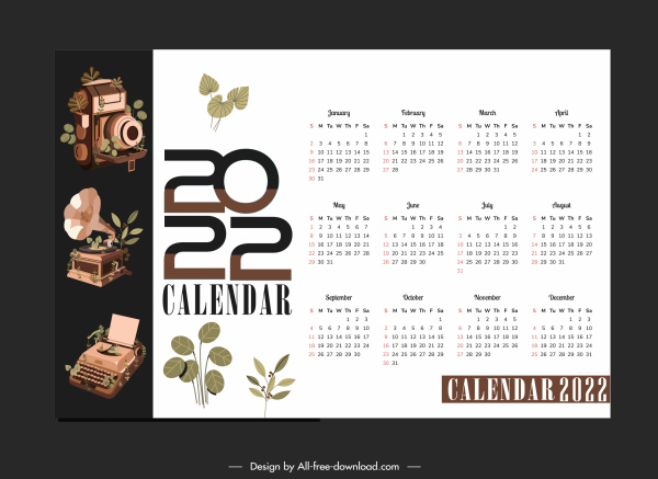 Template kalender 2022 sketsa perangkat klasik yang elegan