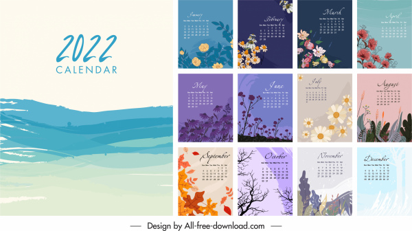 Modelo de calendário 2022 elegante decoração de elementos clássicos da natureza
