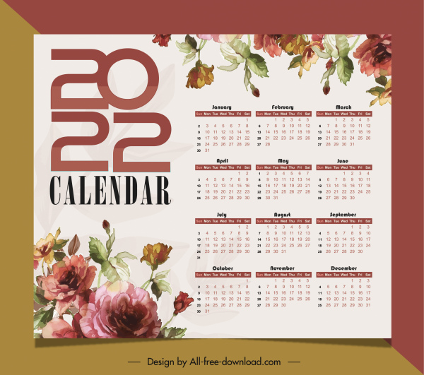Template kalender 2022 dekorasi bunga klasik yang elegan