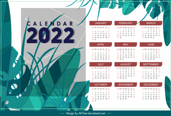 Template kalender 2022 dekorasi daun klasik yang elegan