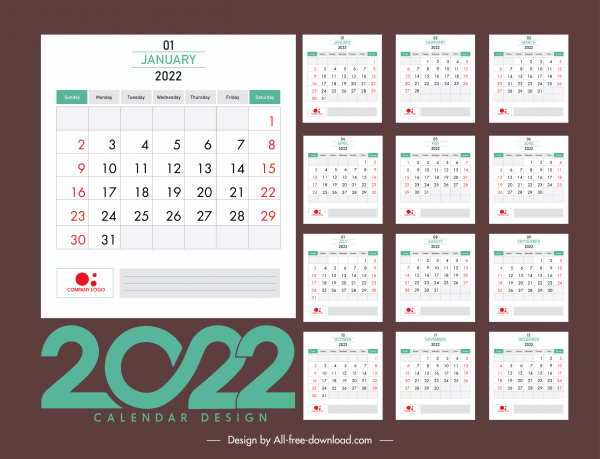 Plantilla de calendario 2022 elegante contraste clásico llano
