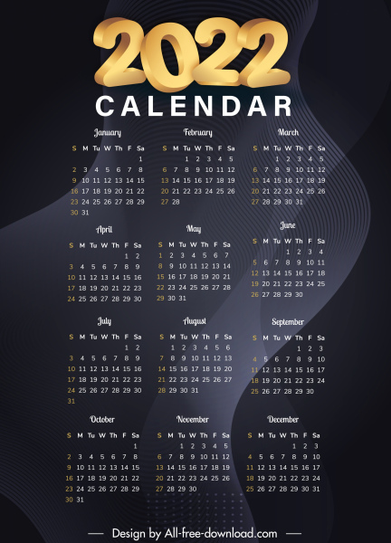Template kalender 2022 elegan garis berputar-putar abstrak gelap