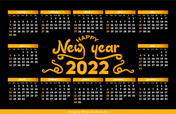Template kalender 2022 dekorasi kuning hitam gelap yang elegan