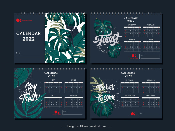 Modelo de calendário 2022 elegantes folhas clássicas de design escuro