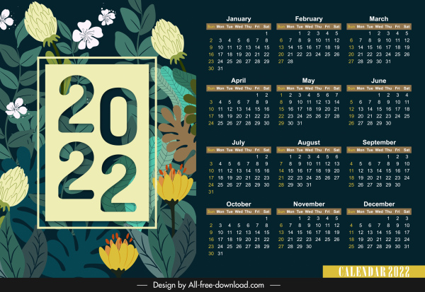 Template kalender 2022 bunga elegan berwarna-warni gelap