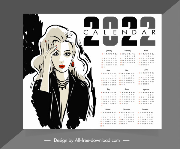 Template kalender 2022 desain digambar tangan sketsa wanita yang elegan