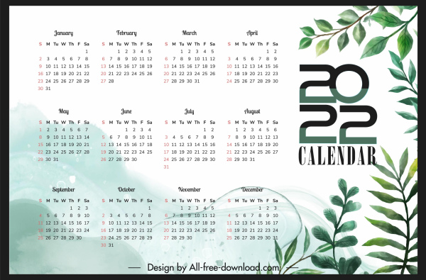 2022 шаблон календаря элегантный декор листьев