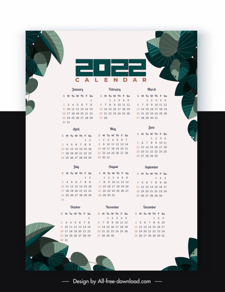 Template kalender 2022 elegan meninggalkan dekorasi
