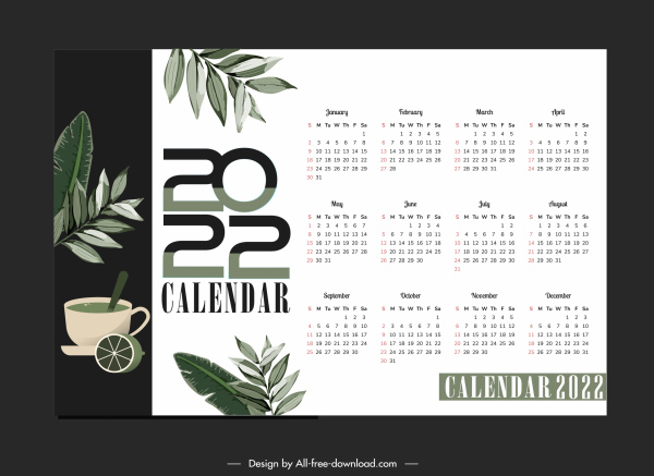 2022 шаблон календаря элегантный эскиз листьев чая
